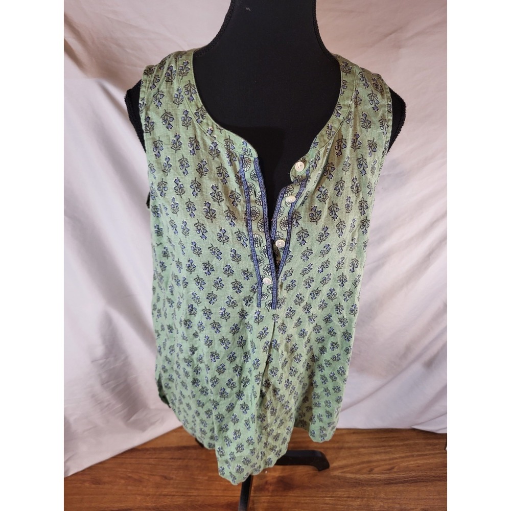 J. Jill Pure Jill Womens Green Blue Floral Linen Sleeveless Tunic Top Medium